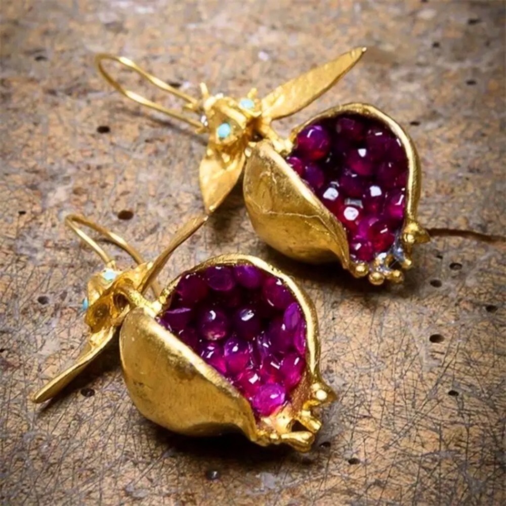 Jeweled Pomegranate 24k Gold Plated Dangle Unique Earrings new